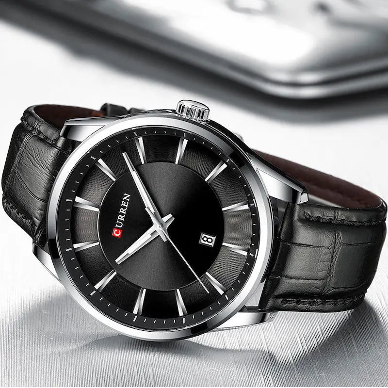 Elegancki męski zegarek Curren ze skórzanym paskiem i czarną tarczą
