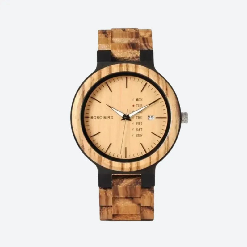 Męski zegarek z drewna o naturalnym usłojeniu, jasnobrązową tarczą i czarnymi akcentami