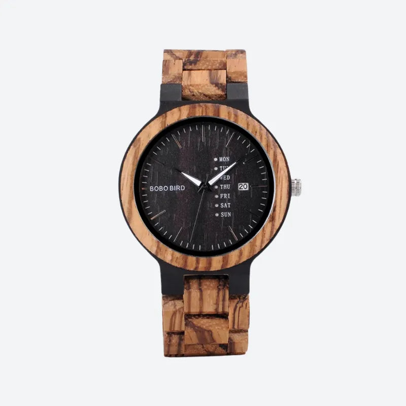 Sleek męski drewniany zegarek z czarną tarczą i wzorem zebry