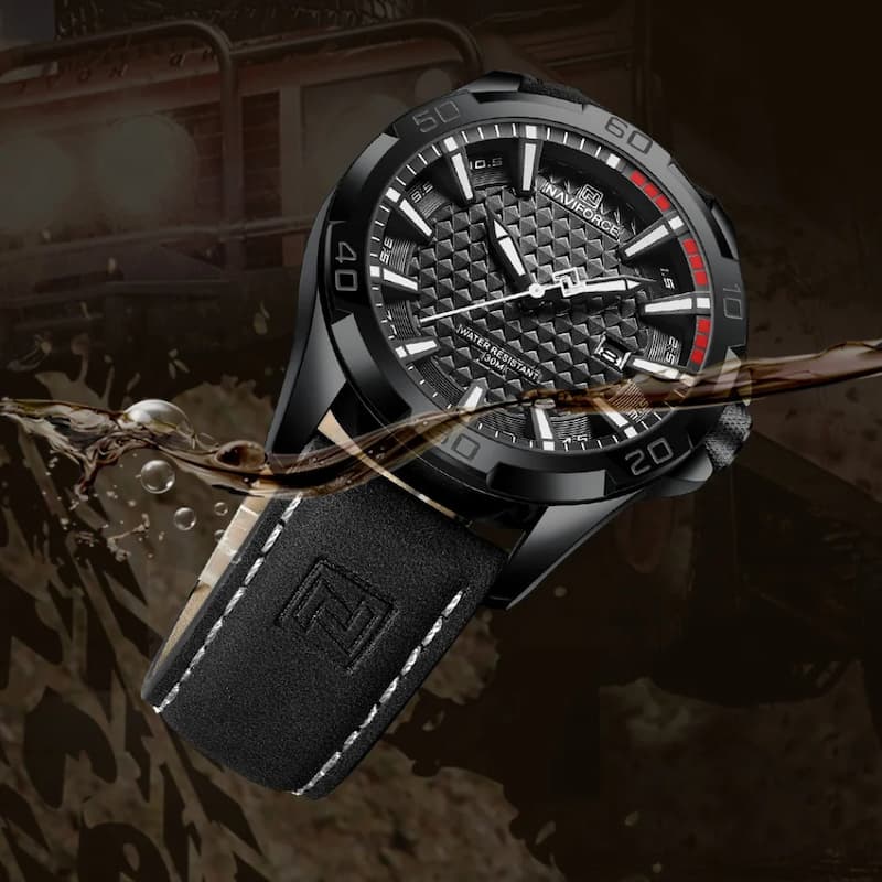 Czarny zegarek Naviforce z teksturowaną tarczą i czerwonym akcentem
