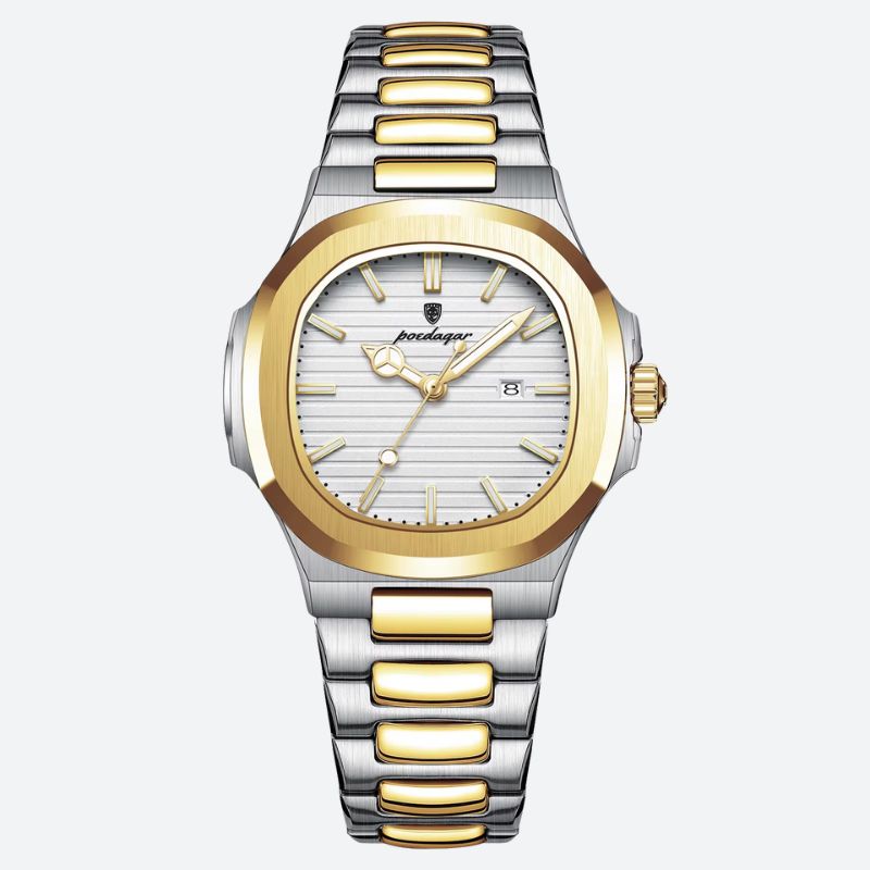 Szykowny damski zegarek dwukolorowy Pocdagar ze stali i złota, biała tarcza w paski