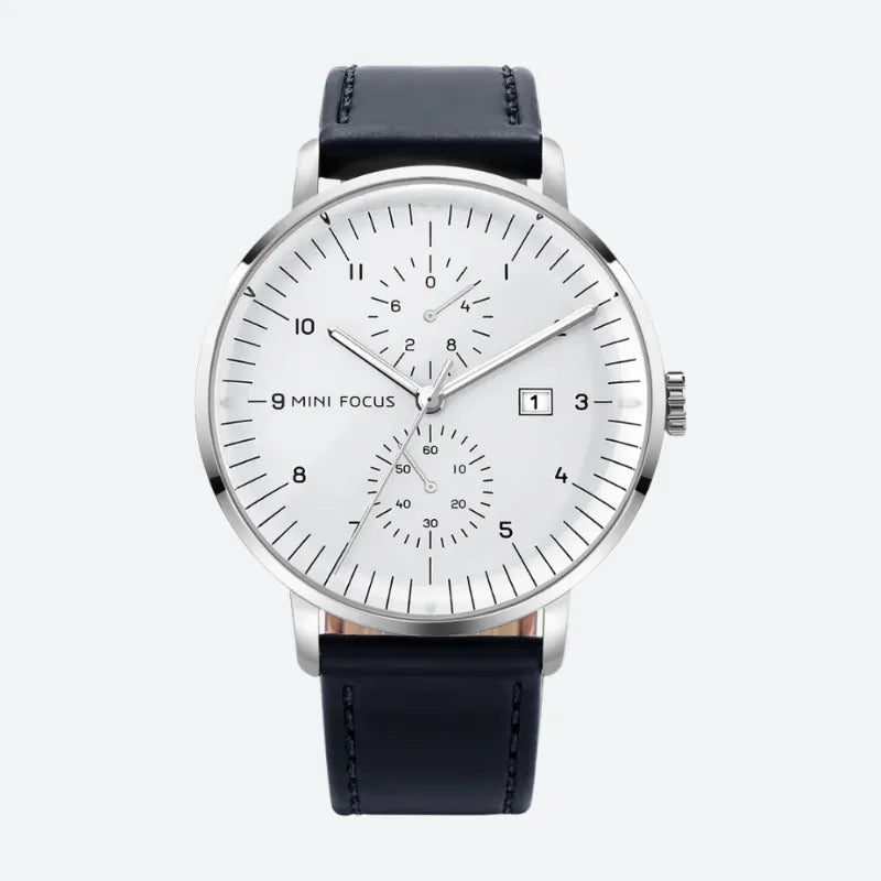 Srebrny zegarek kwarcowy automatyczny 9 mini chronograph z białą tarczą i czarnym paskiem ze skóry
