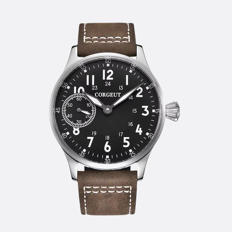 Srebrny zegarek mechaniczny ręcznie nakręcany z czarną tarczą i brązowym paskiem