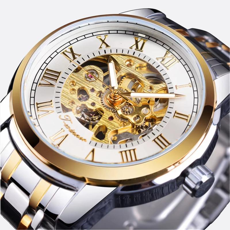 Zegarek skeleton męski dwutonowy ze stali i złota, biała tarcza, rzymskie cyfry