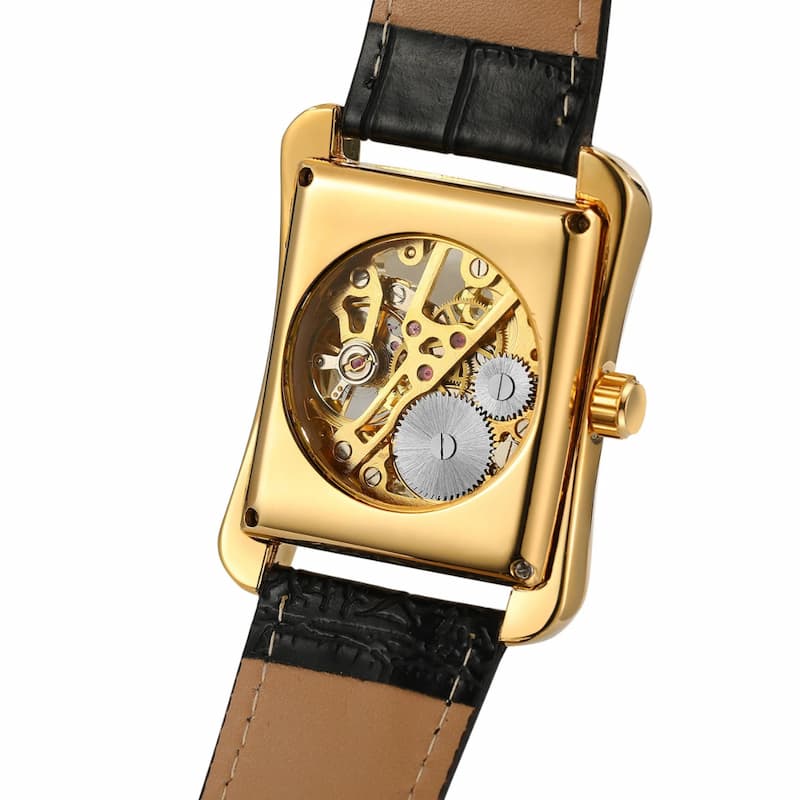 Złoty mechaniczny zegarek skeleton z czarnym paskiem ze skóry