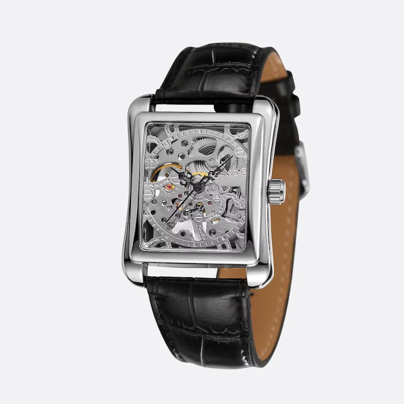 Srebrny szkieletowy zegarek mechaniczny z czarnym paskiem ze skóry