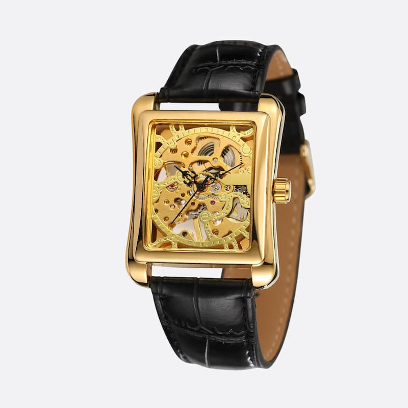Złoty mechaniczny zegarek skeleton z czarnym paskiem i widocznymi mechanizmami