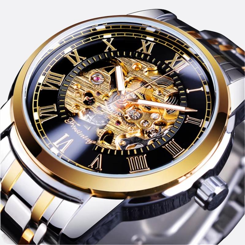 Szczotkowy zegarek szkieletowy męski ze stali i złota, czarna tarcza, rzymskie cyfry