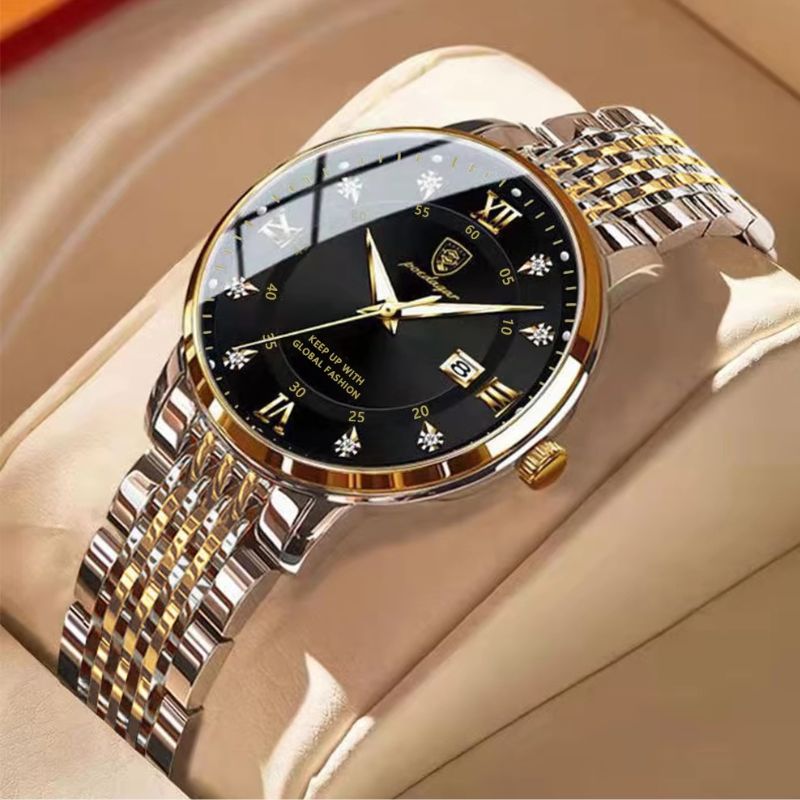 Złoty damski zegarek ze stali i diamentami, czarny cyferblat, rzymskie cyfry