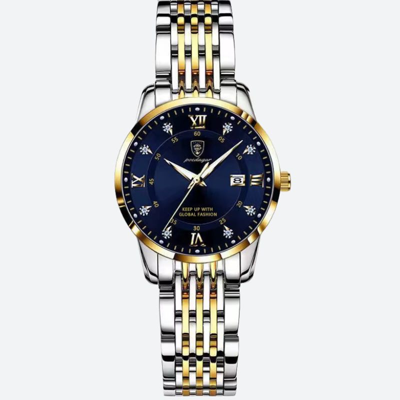 Elegancki złoty damski zegarek z diamentami, niebieską tarczą i datą