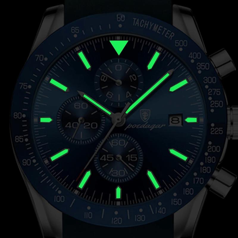 Sleek męski chronograf Pocdagar z zieloną tarczą i tachymetrem
