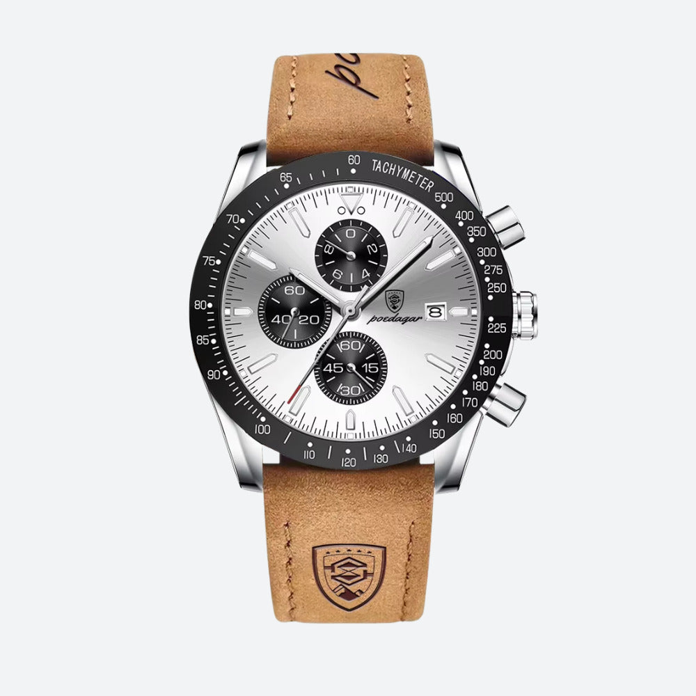 Męski zegarek z chronografem, srebrny z czarnym bezel, białą tarczą i brązowym paskiem