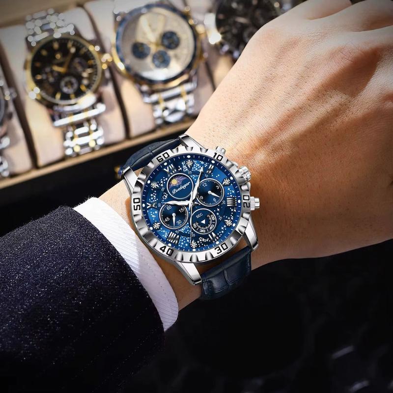 Męski okrągły zegarek chronograf srebrny z niebieską tarczą i skórzanym paskiem