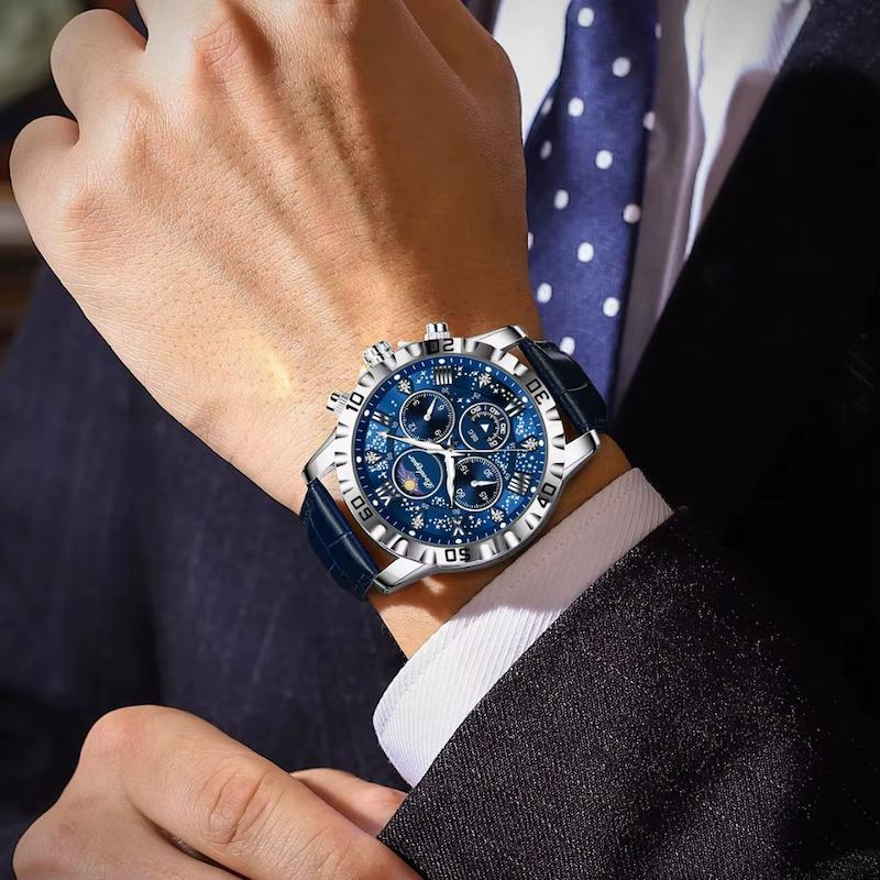 Elegancki męski zegarek chronograf z niebieską tarczą gwiaździstą i skórzanym paskiem