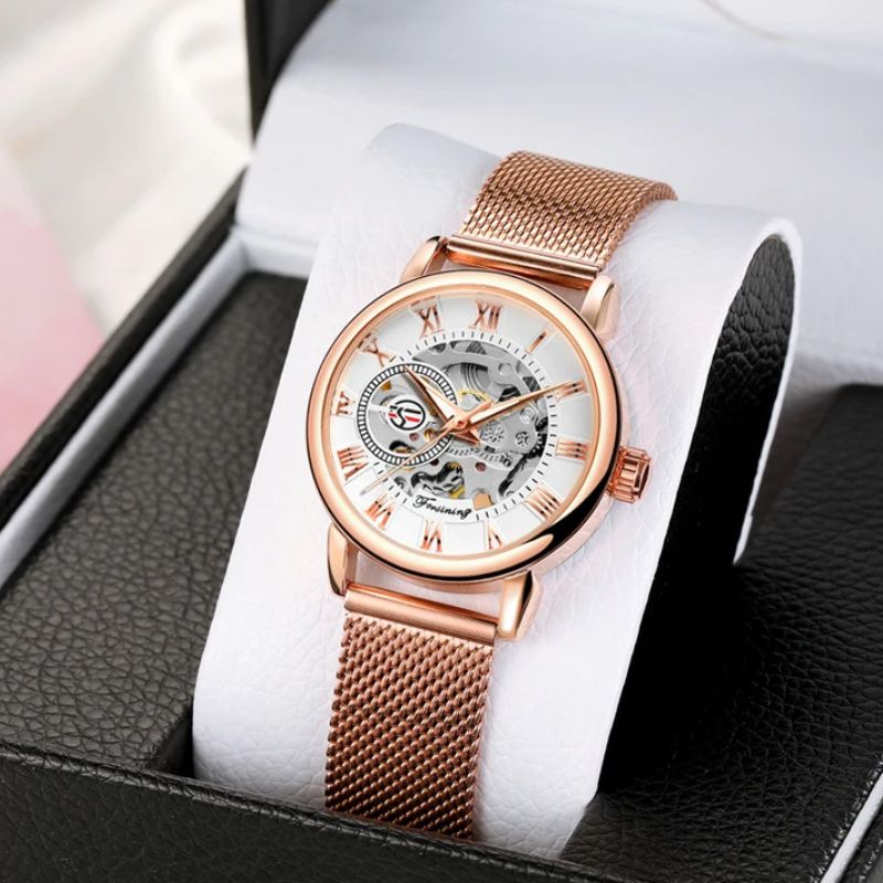 Zegarek damski okrągły rose gold z białą tarczą i rzymskimi cyframi