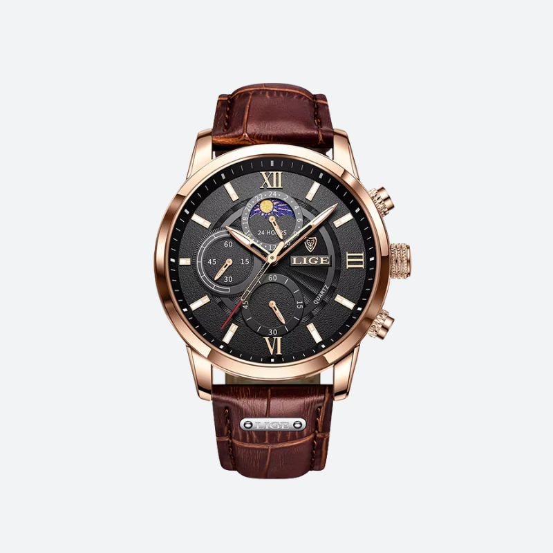 Różowozłoty chronograf z czarną tarczą i brązowym paskiem ze skóry