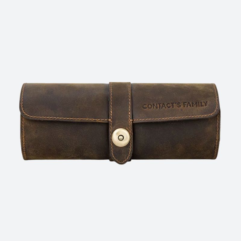 Brązowa skórzana etui na soczewki z mosiężnym guzikiem i szyciem