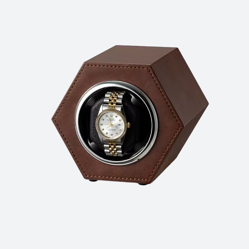 Remontoir automatique USB Cuir Hexagonal - Marron - Remontoir Montre Automatique