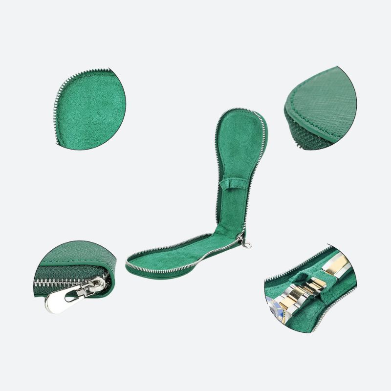 Zielony skórzany protector paska zegarka ze srebrnym zamkiem i metalową klamrą