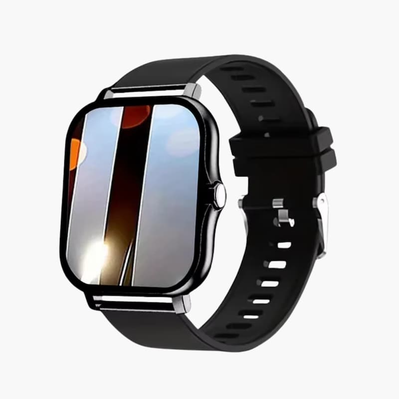 Męski smartwatch z czarnym silikonowym paskiem, prostokątnym ekranem i srebrną ramką