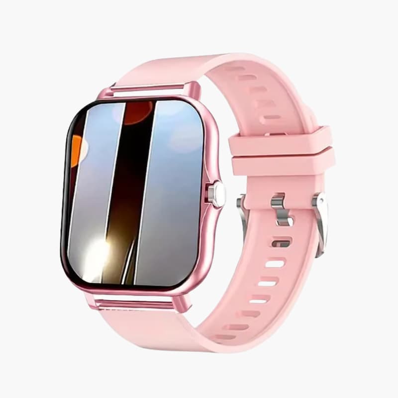 Różowozłoty męski smartwatch na bransolecie z silikonowym paskiem i prostokątnym ekranem