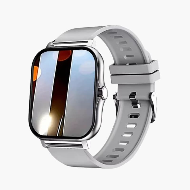 Męski smartwatch z bransoletą, srebrną ramką i szarym paskiem silikonowym