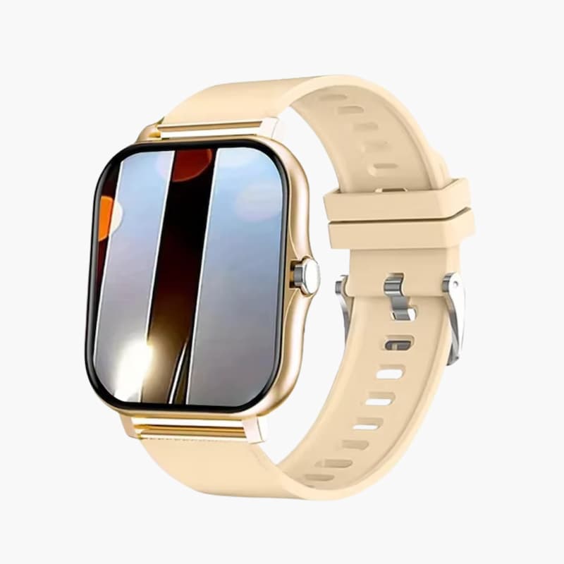Złoty smartwatch męski z prostokątnym ekranem i beżowym paskiem silikonowym