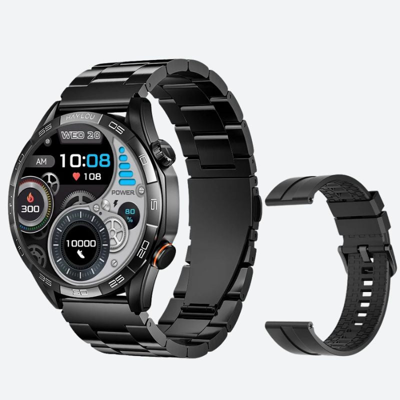 Czarny smartwatch z ekranem AMOLED i wymiennymi paskami