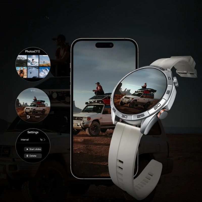 Biały smartwatch z silikonowym paskiem, srebrną obudową i ekranem AMOLED