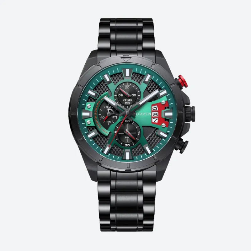 Czarny metalowy chronograf z zieloną tarczą i czerwonymi akcentami
