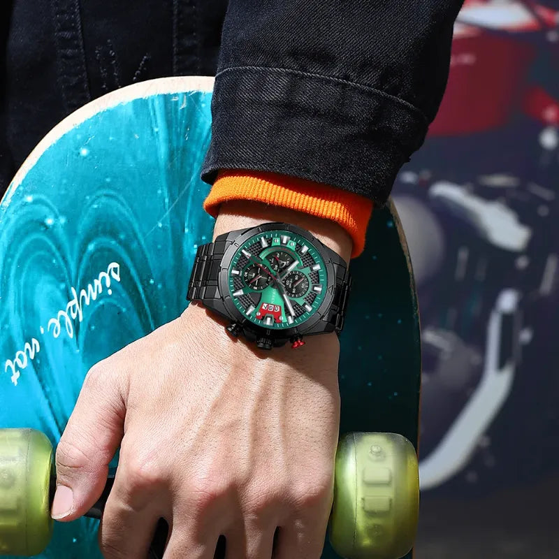 Czarny i zielony chronograf sportowy męski zegarek z metalową bransoletą