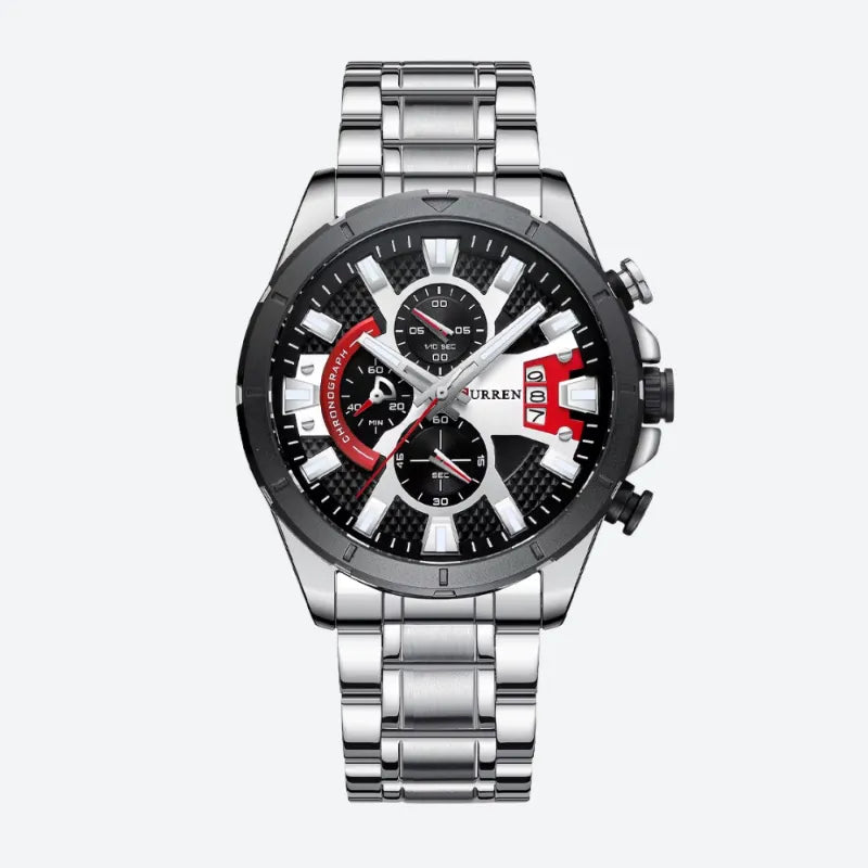 Sportowy męski zegarek chronograf z czarną tarczą i stalą nierdzewną