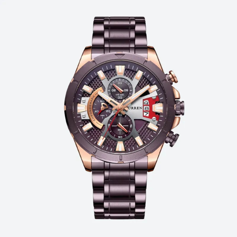 Stylowy męski zegarek sportowy Curren z chronografem, czarną i różowym złotem