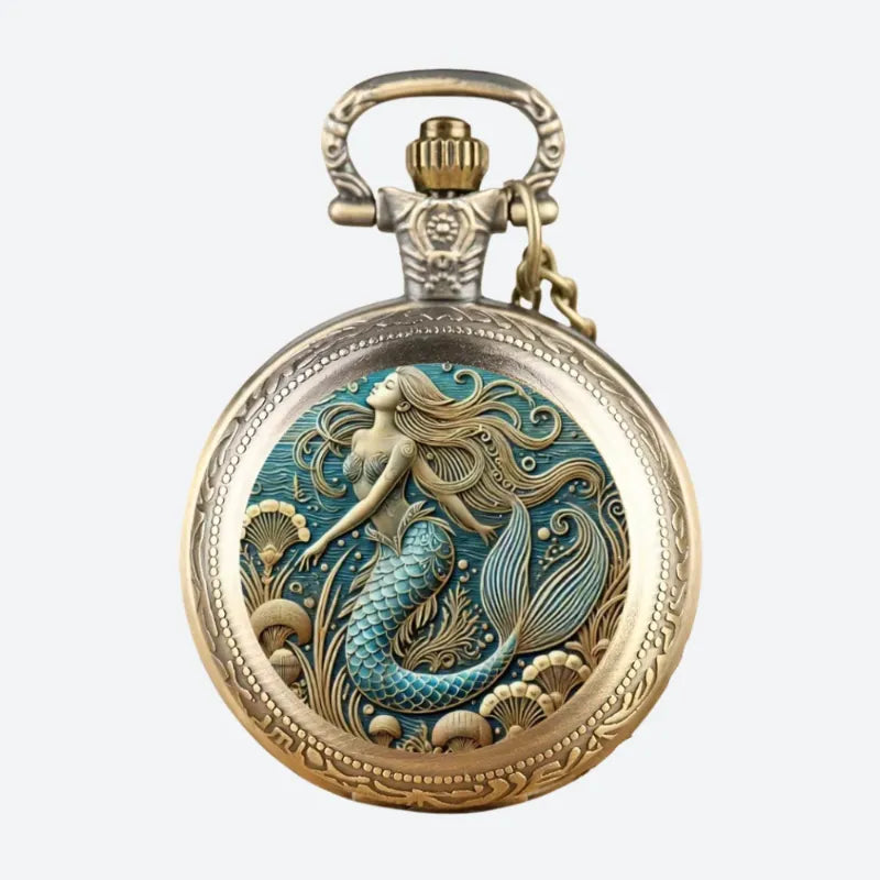 Stary mosiężny zegarek kieszonkowy z rzeźbioną syreną i turkusem