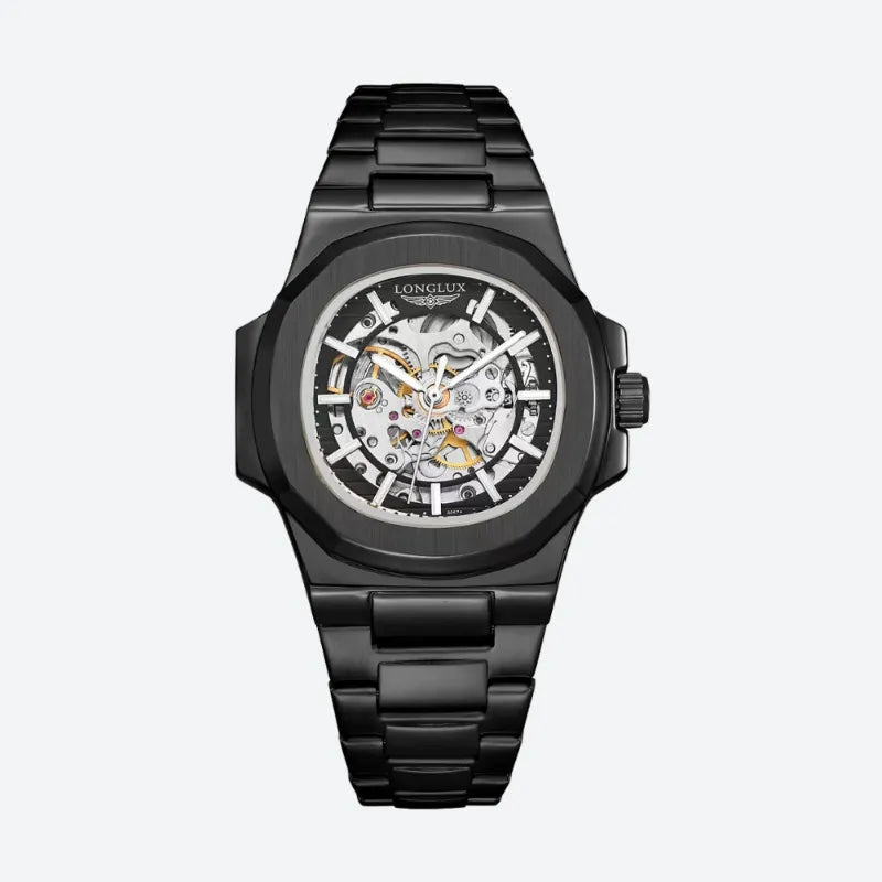 Czarny zegarek Longlux Skeleton z widocznym mechanizmem automatycznym