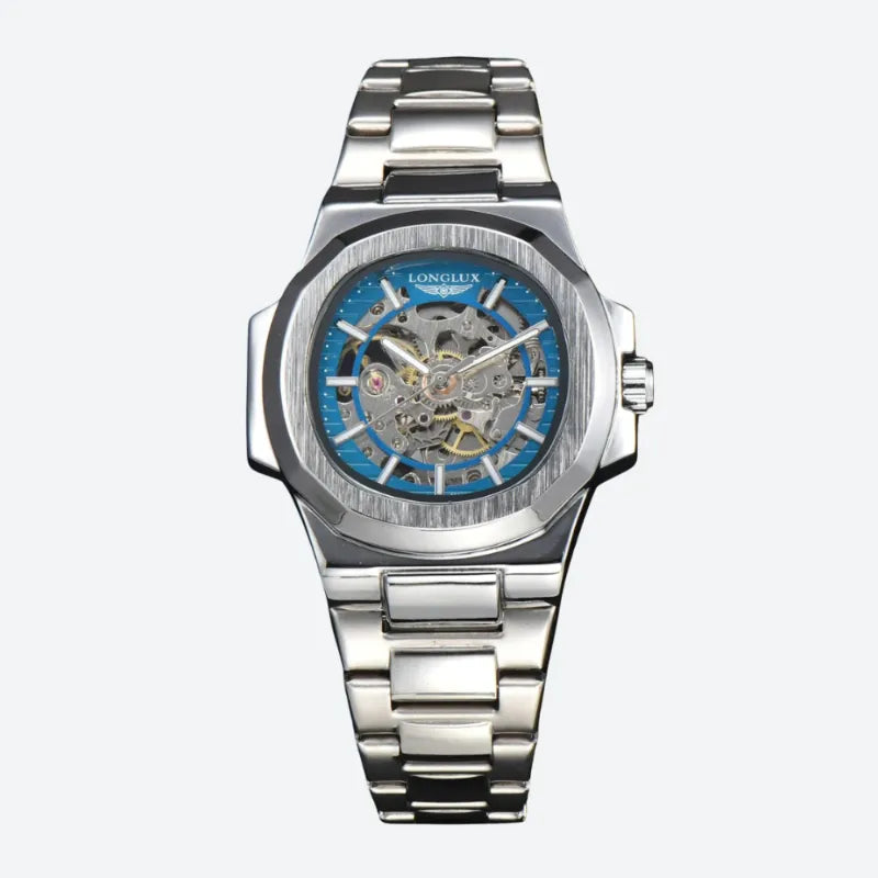 Srebrny szkieletowy zegarek Longlux z niebieską tarczą i widocznym mechanizmem