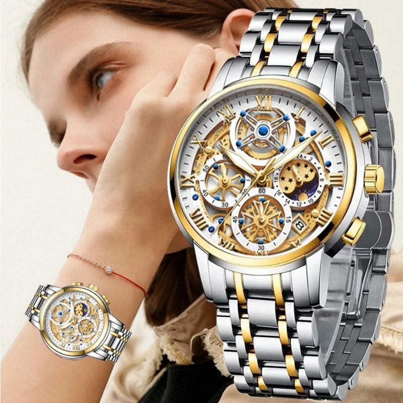 Zegarek chronograf damski ze stali nierdzewnej dwutonowy srebrno-złoty z tarczą szkieletową, rzymskimi cyframi i fazami księżyca
