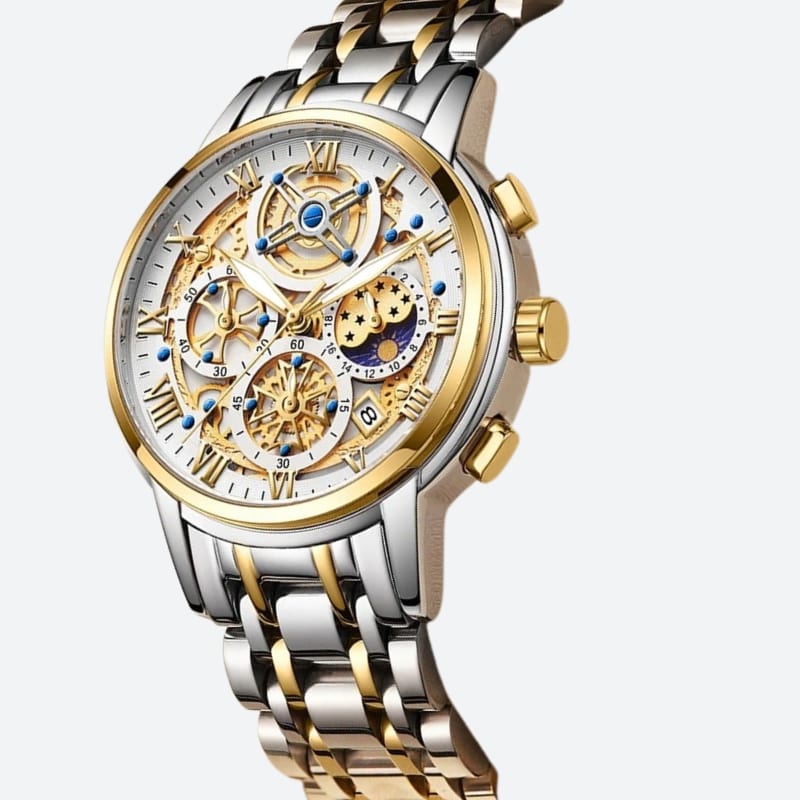 Zegarek chronograf damski ze stali i złota z tarczą szkieletową, rzymskimi cyframi, niebieskimi akcentami i fazą księżyca