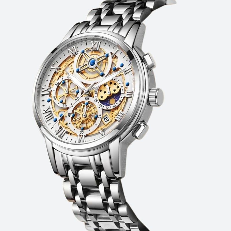Srebrny szkieletowy chronograf damski z tarczą białą i fazą księżyca