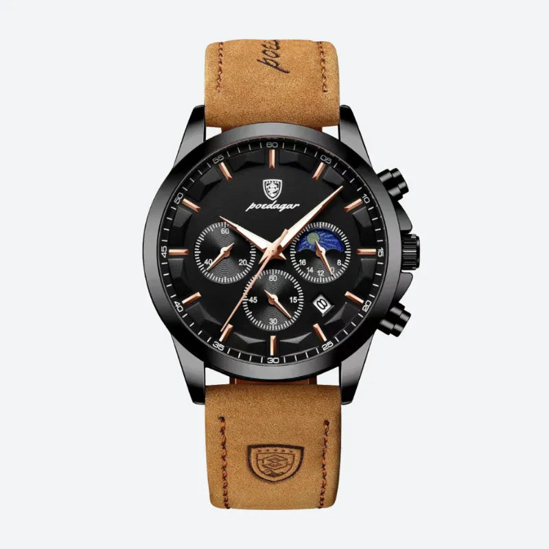 Czarny zegarek chronograf męski z akcentami z różowego złota i brązowym paskiem ze skóry z wytłoczonym brandingiem