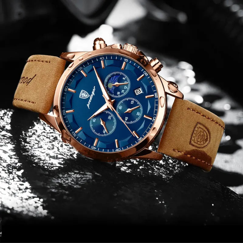 Zegarek chronograf męski klasyczny w różowym złocie z niebieską tarczą i brązowym paskiem