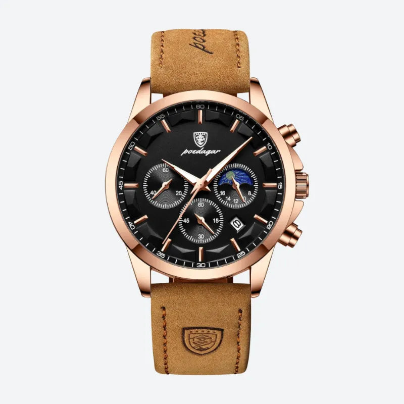 Zegarek chronograf męski klasyczny w różowym złocie z tarczą czarną i fazą księżyca