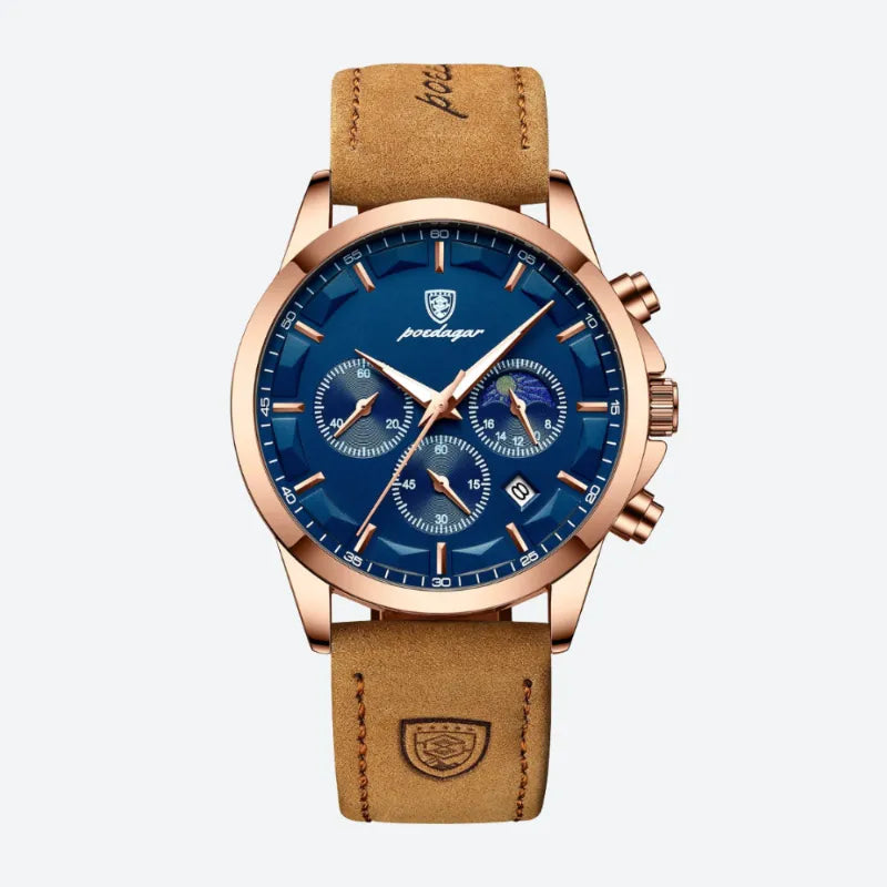 Zegarek chronograf męski klasyczny w różowym złocie z niebieską tarczą i brązowym paskiem ze skóry