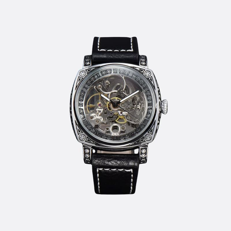 zegarek chronograf szkieletowy - Srebrny i Czarny - Montre Squelette Homme