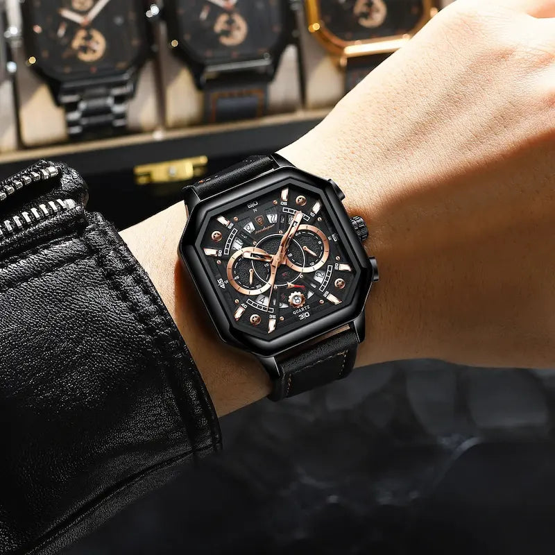 Czarny ośmiokątny chronograf z akcentami z różowego złota i czarnym paskiem ze skóry