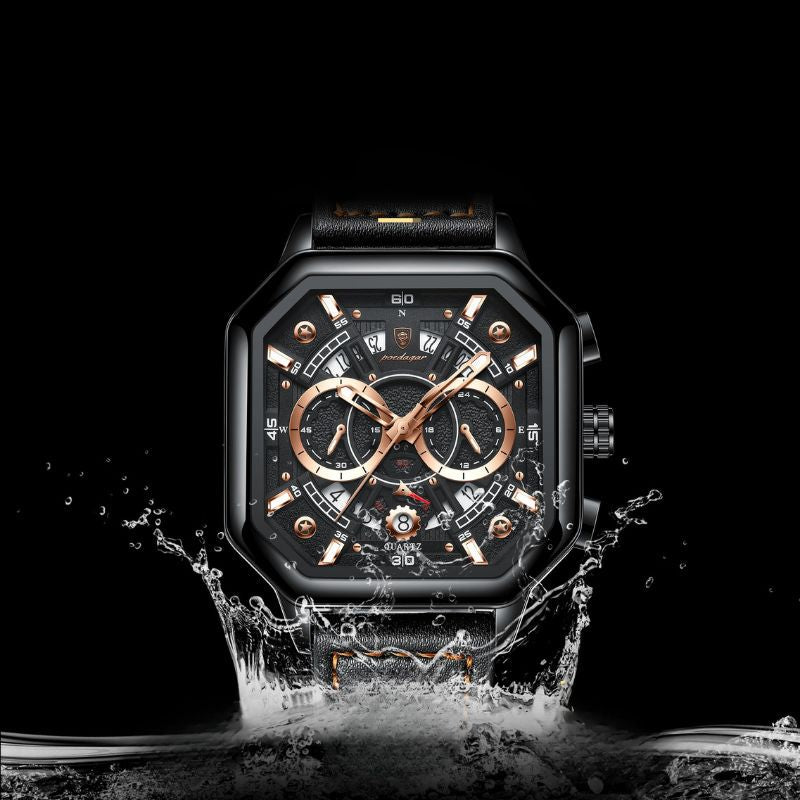 Czarny ośmiokątny chronograf z akcentami z różowego złota i czarnym paskiem ze skóry
