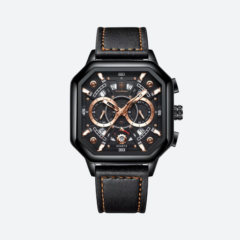 Czarny zegarek chronograficzny oktagonalny z akcentami z różowego złota i czarnym paskiem ze skóry z beżowym szyciem