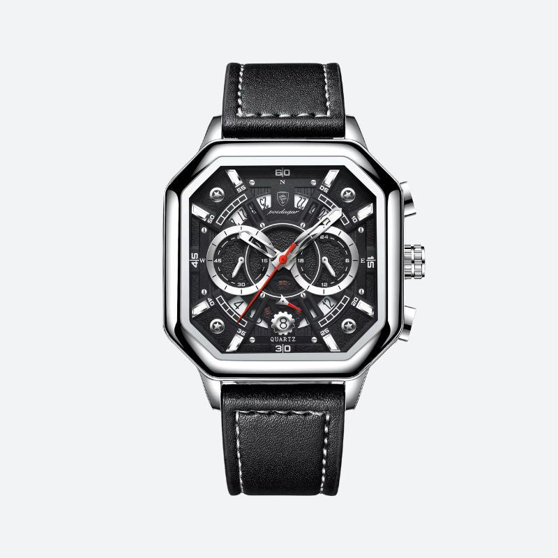 Czarny chronograficzny zegarek z czarną tarczą i stalową bransoletą