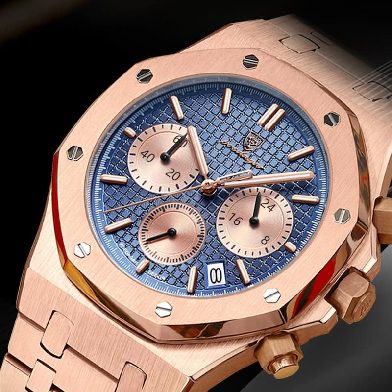 Złoty różowy męski chronograf z niebieską tarczą i bransoletą