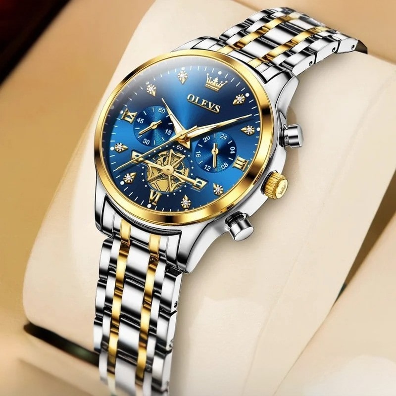 Sleek Olevs chronograph watch with blue dial and gold accents